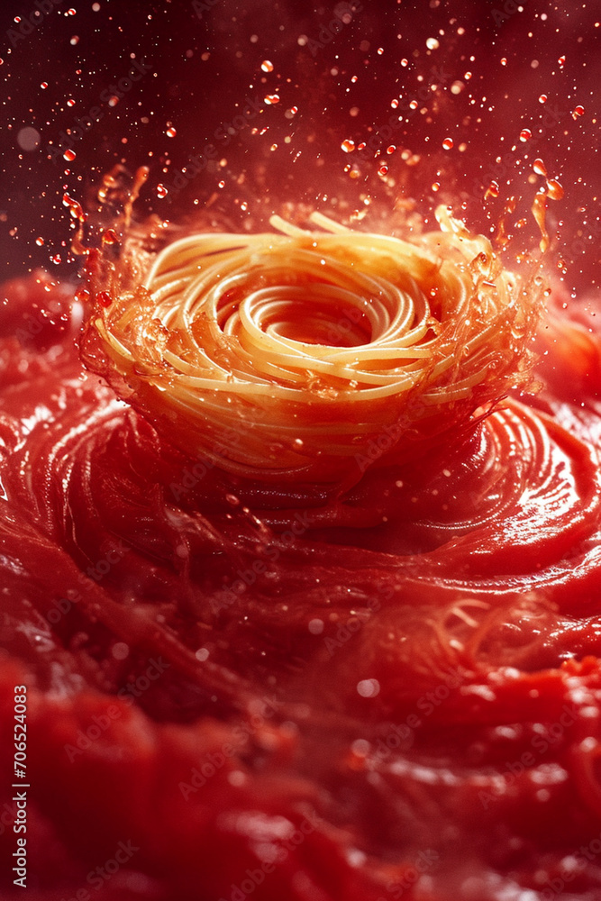 Poster an artistic rendering of a pasta whirlpool with tomato sauce spiraling into the mix, creating a vivi