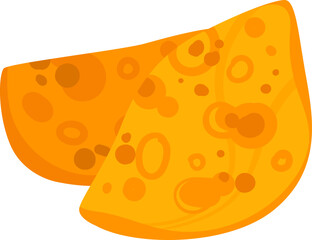 Bright cartoon cheese wedges with holes, delicious cheddar slices. Dairy food and cooking ingredients vector illustration.