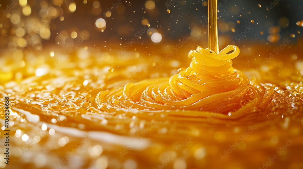Poster an artistic rendering of a pasta whirlpool with a drop of olive oil in the center, creating a glossy