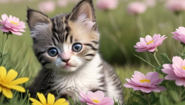 a kitten is sitting in a field of flowers
