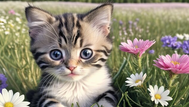 a kitten is sitting in a field of flowers