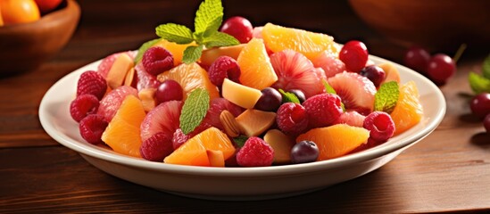 Mixed raspberries, tangerines, grapes, and nectarines create a nutritious fruit salad dessert.