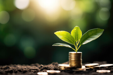 Financial growth and startup success, featuring a green plant sprouting from a stack of coins, ideal for economic concepts.