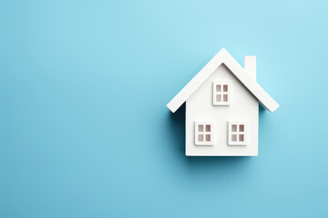 Fototapeta na wymiar A creatively captured top view of a white house icon on a light blue background, symbolizing key concepts in construction, mortgage, and home loans.