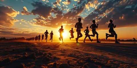 The black silhouettes of marathon runners against the backdrop of a captivating sunset, capturing the essence of endurance and determination in the sport of long-distance running. - obrazy, fototapety, plakaty