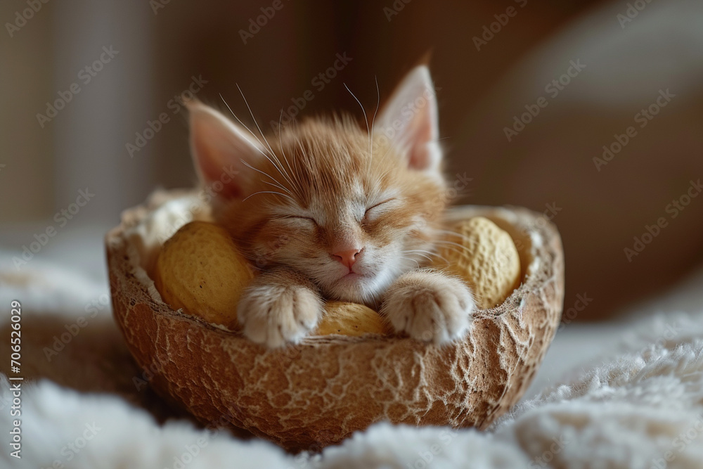 Poster an image of a cat napping inside a half-open pistachio shell.