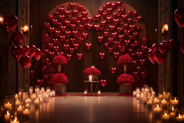 Enchanting scene with heart balloons and candles, perfect for romantic celebrations - obrazy, fototapety, plakaty