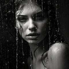 fotografia en blanco y negro de atractiva mujer con detalles mojados de lluvia - obrazy, fototapety, plakaty