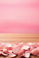 Pink rose petals on wooden table, closeup. Space for text.
