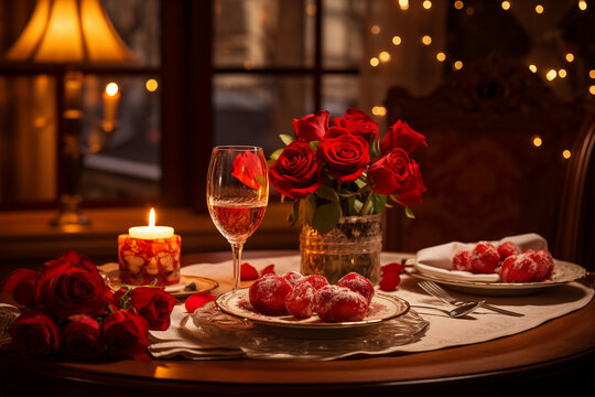 Romantic dinner ambiance with sparkling wine, lush bouquet of roses, and delicate candlelight. Valentine's Day dinner