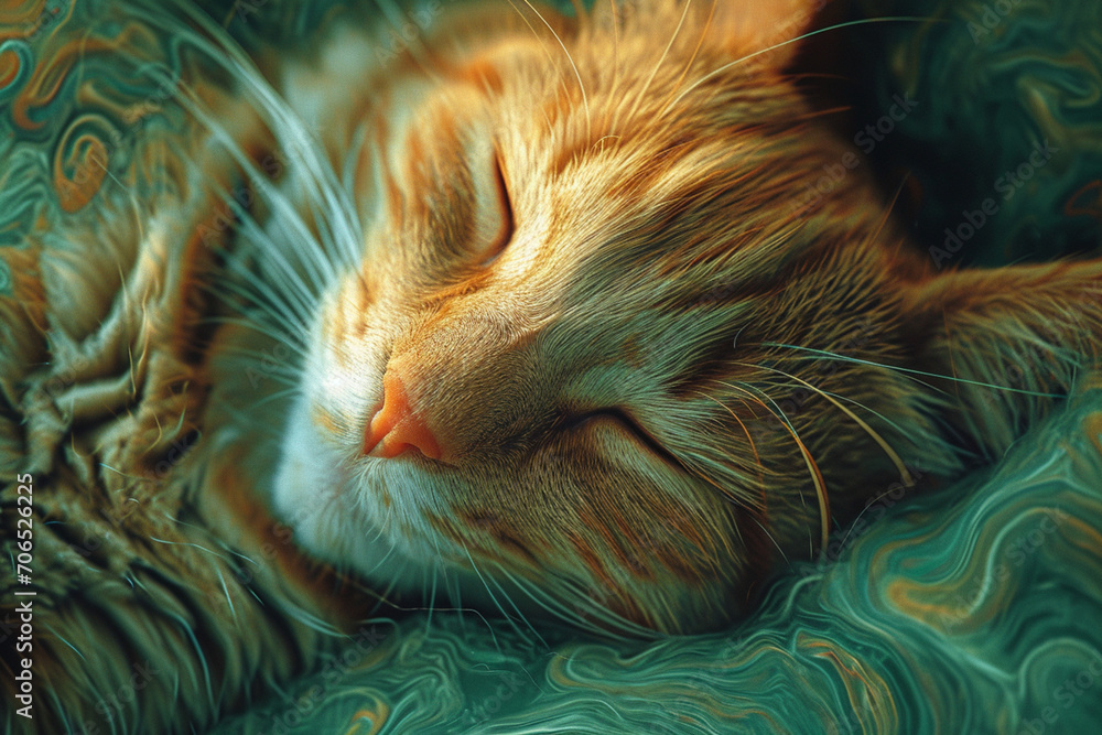 Poster an artistic rendering of a cat with fur patterns that mimic the swirls and whirls of pistachio ice c