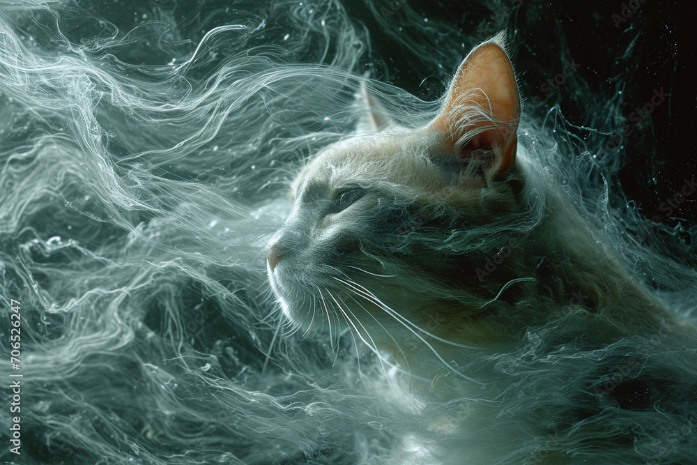 Poster an artistic rendering of a cat with fur patterns that mimic the swirls and whirls of pistachio ice c