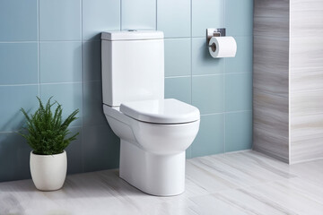 Fototapeta na wymiar White toilet bowl in a minimalist modern bathroom. AI generated