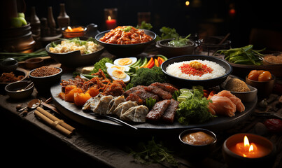 Traditional japanese korean food on wooden table, selective focus.