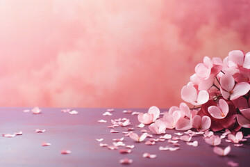 Beautiful pink flowers on wooden table on color background. Space for text.