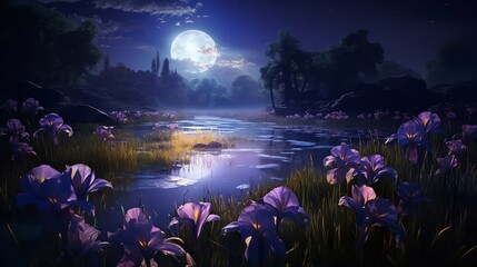 Fototapeta premium Moonlit Iris Field and Fireflies - AI Generated