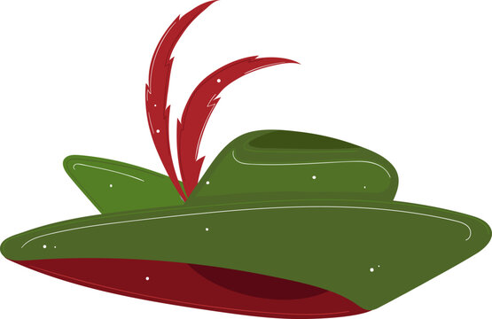 recommend clip art: Red feather sticking out of a green hat. Classic Peter Pan hat with a red feather, accessory design vector illustration.