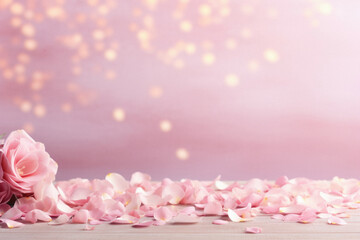 Beautiful pink rose petals on wooden table, on light background.