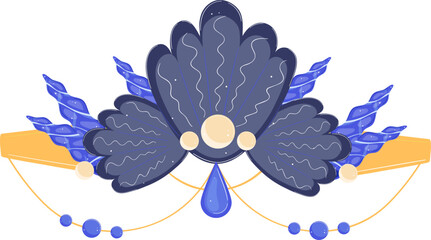 Elegant dark blue and gold peacock feathers decoration. Symmetrical exotic bird plume design with beads. Luxury art deco style vector illustration.