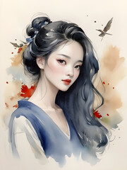 Portrait of beautiful asian woman with long hair and flying bird.