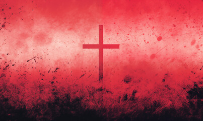 Grunge christian cross on red background with copy space. - obrazy, fototapety, plakaty