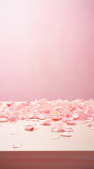 Pink rose petals on a wooden table and pink background.