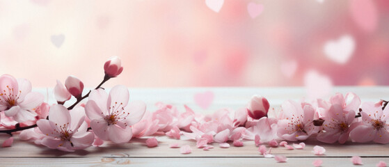 Beautiful blossoming branch on wooden table with hearts on bokeh background.
