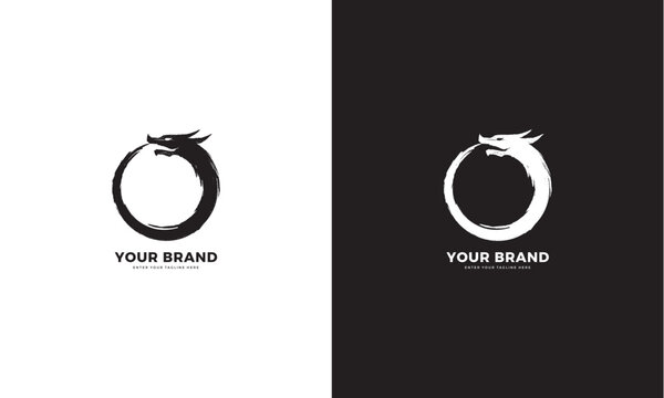 Dragon ink circle logo, zen, paint, brush stroke. Vector graphic design