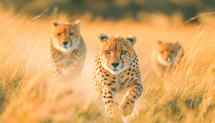 Naklejka premium Group of cheetahs (Acinonyx jubatus) running in the savannah, World Wildlife Day celebration, March, concept Animals, generative ai