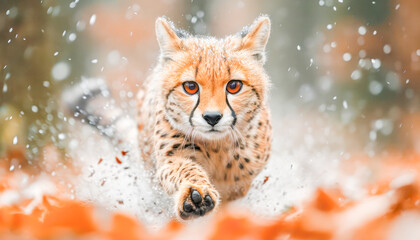 Obraz premium Cheetah (Acinonyx jubatus) running in the savanna, World Wildlife Day celebration, March, concept Animals, generative ai