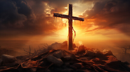 Christian Holy Week with a striking depiction of Jesus on the cross, set against the backdrop of a dramatic sunset - obrazy, fototapety, plakaty
