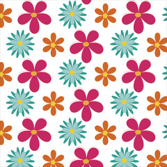 Seamless pattern of delicate flowers on a white background. Seamless vector pattern in 60s, 70s style. The background design is suitable for textiles, clothing, stationery, wrapping paper and covers.