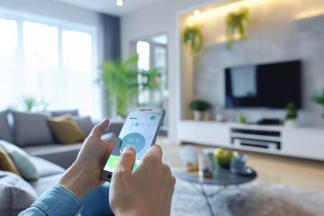 People in a home using energy-saving technologies. Energy-saving bulbs, smart thermostats, green plants. Bright and clean tones emphasizing modernity and cleanliness
