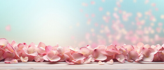 Pink rose petals on pastel background with bokeh effect.