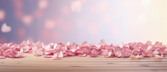 Pink rose petals on wooden table with bokeh background.