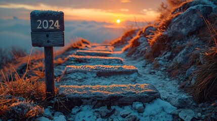 Wooden signpost on the top of the mountain at sunset with 2024