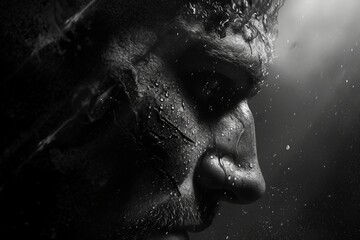 Intimate black and white side profile of a man, with water droplets adding a layer of depth and texture.

