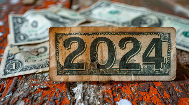 2024 dollar bill on a wooden background. Happy New Year.