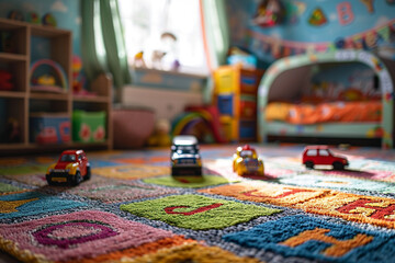 A colorful alphabet rug in the center of a kids' playroom, with toy cars scattered around it