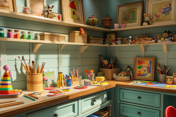 A corner of a playroom dedicated to arts and crafts, with shelves holding paints, brushes, and paper