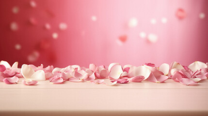 White rose petals on a pink background with hearts and bokeh.