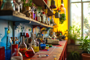 A corner of a playroom set up as a mini science lab, with child-friendly experiments and equipment - obrazy, fototapety, plakaty