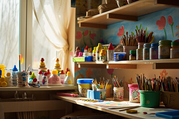 A corner of a playroom dedicated to arts and crafts, with shelves holding paints, brushes, and paper