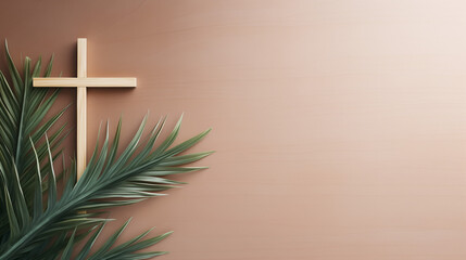 White cross gracefully placed beside a palm leaf on a soft brown background, echoing the spirit of Palm Sunday. - obrazy, fototapety, plakaty