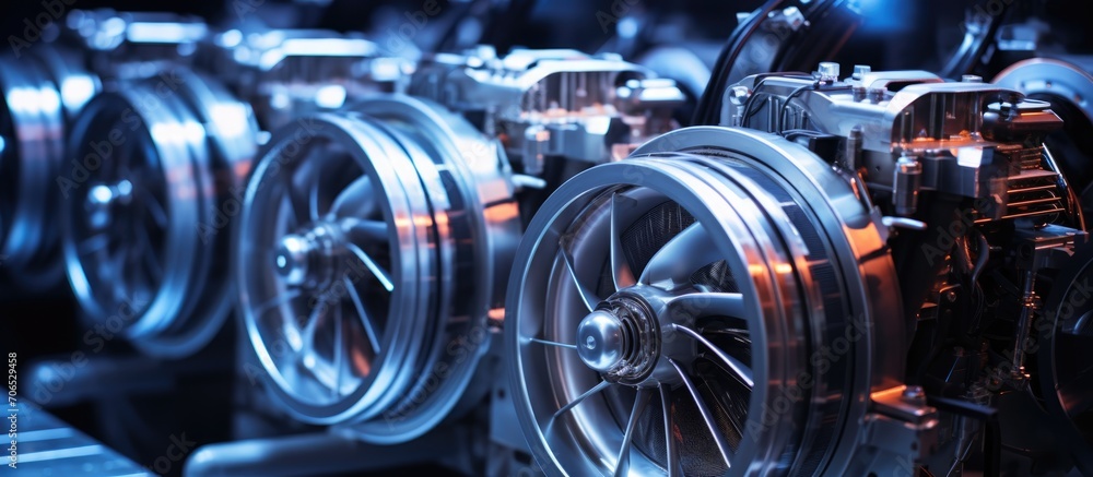 Poster innovative silver jet engine design with multiple fans and wires in development in a research lab.