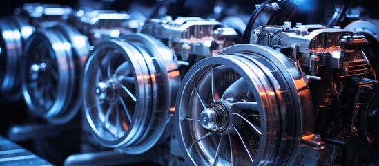 Fototapeta premium Innovative silver jet engine design with multiple fans and wires in development in a research lab.