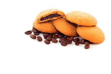 On a white isolated background lies a delicate crispy cookie with a chocolate creamy filling.