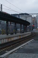 Obraz premium Main railway station in Prague on a winter evenign in december. It's the main complex wheretrains arrive and leave