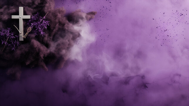 Catholic Easter with a serene purple background where a cross is delicately marked with lavender ash, radiating purity and tranquility.