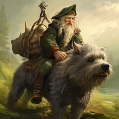Gnome riding a tiny Irish wolfhound